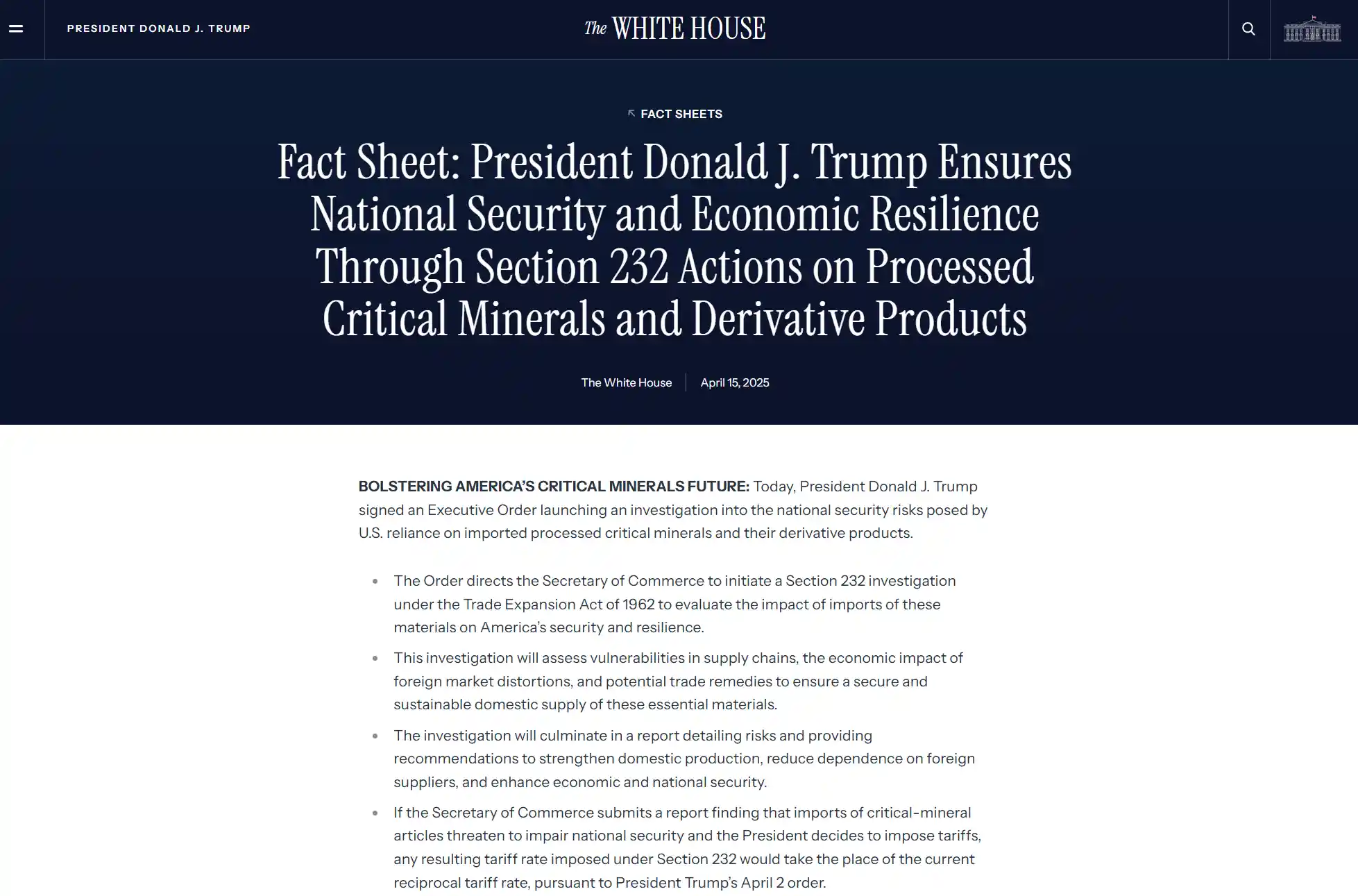 特朗普挥舞关税大棒：关键矿产进口迎来232调查风暴