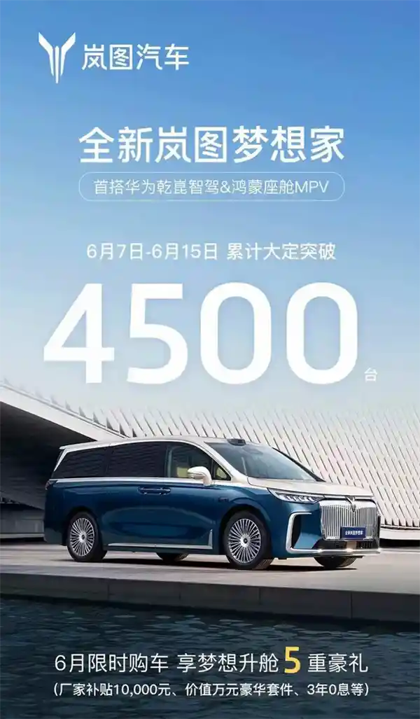 [搭载乾崑智驾与鸿蒙座舱！岚图梦想家上周大定订单突破4500台]