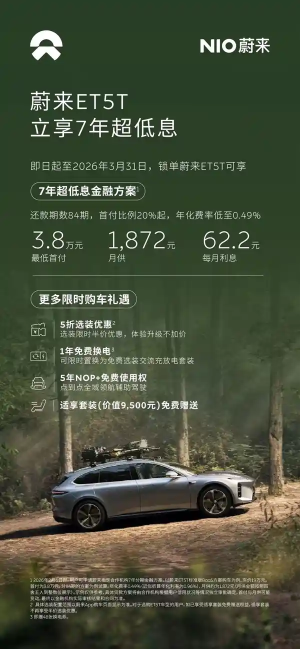 蔚来放大招！3月限时日息2元购车计划上线：7年超长贷、首付直降3.8万，轻松开走ES6/ET5